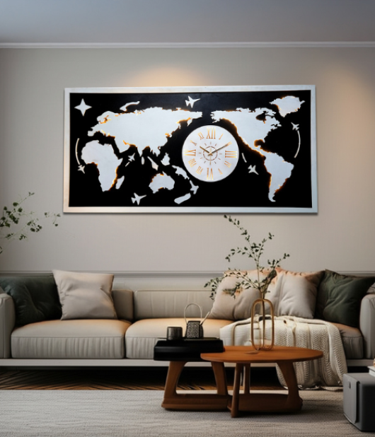 Luminous Horizons World Map Wall Art White and Black