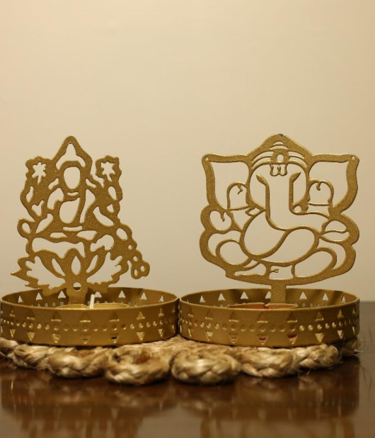 METSY Ganesh ji Laxmi ji Round Shape Tealights Candle Holder | Modern Design Diya for Mandil | Diwali Decoration and Gifting Item | Urli Bowls for Home. (Metal- 12cm * 12 cm)