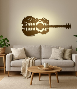 Wall Hanging Decor Abstract Guitar Sunset With Palm trees For Home Decoration with backlit (90cmx 38cm x1.2mm)