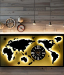 METSYMetal Laser Cut(World Map with analogue clock) Wall Hanging world map for home decor | black and white world map with clock for living room (5x2.5) feet