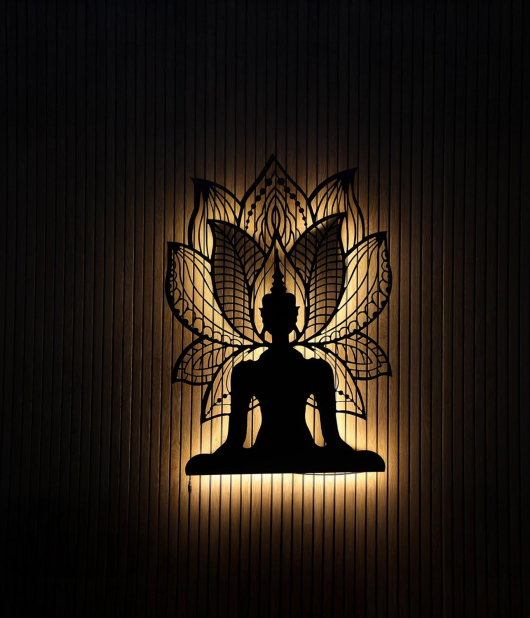 METSY Mild Steel Black powercoated LED Buddha Wall Art with Lotus Design – Spiritual Metal Wall Decor for Home, Meditation Room & Office(91.5x65) CM