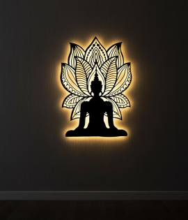 METSY Mild Steel Black powercoated LED Buddha Wall Art with Lotus Design – Spiritual Metal Wall Decor for Home, Meditation Room &amp; Office(91.5x65) CM