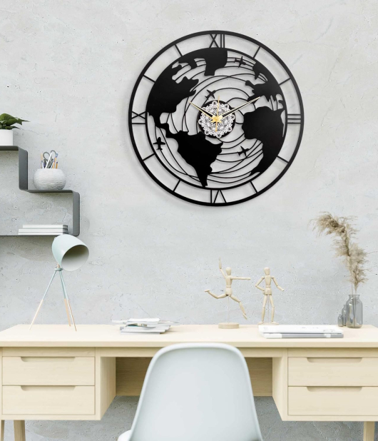 METSY Metal Wall Clock World Map Design | Metal Wall Art Clock Decor for Living Room | Wall Hangings for Home Decoration | Size: 44.5x44.5 cm | Laser Cutting & Black Powder Coated