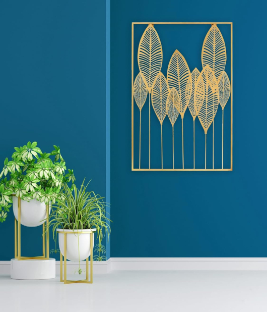 METSY Metal Leaf Long Panel Wall Decor Art Golden in Rectangular Shape for Home & Office/Bedroom/Office/Hallways etc | Metal Wall Art | Wall Decor Items(110x75)