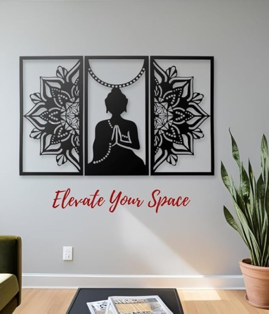 METSY Home Decor Buddha Mandala Metal Art | Wall Hanging Wall Arts for Home | Buddha Frames for Wall Modern Art | (Set of 3) | (102x64cm) | Made of Metal(1.2mm) | Scratch & Rust Resistant