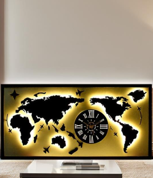 METSY METSYMetal Laser Cut (World Map with Clock) Wall Hanging black and white World map with Clock LED Strip Lighting (Black & White 5X2.5) for living room,hotel