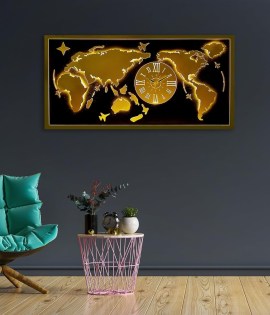 METSY Metal Laser Cut (World Map with analogue clock) with LED Strip Lighting | World Clock Map for Wall |(golden world map) (4x2) feet | Metal Wall Art | Wall decor Items