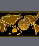 METSY Metal Laser Cut (World Map with analogue clock) with LED Strip Lighting | World Clock Map for Wall |(golden world map) (4x2) feet | Metal Wall Art | Wall decor Items