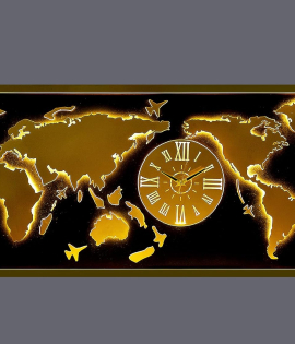 METSY Metal Laser Cut (World Map with analogue clock) with LED Strip Lighting | World Clock Map for Wall |(golden world map) (4x2) feet | Metal Wall Art | Wall decor Items