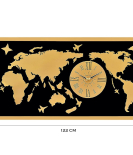 METSY Metal Laser Cut (World Map with analogue clock) with LED Strip Lighting | World Clock Map for Wall |(golden world map) (4x2) feet | Metal Wall Art | Wall decor Items
