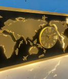 METSY Metal Laser Cut (World Map with analogue clock) with LED Strip Lighting | World Clock Map for Wall |(golden world map) (4x2) feet | Metal Wall Art | Wall decor Items