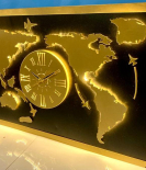 METSY Metal Laser Cut (World Map with analogue clock) with LED Strip Lighting | World Clock Map for Wall |(golden world map) (4x2) feet | Metal Wall Art | Wall decor Items