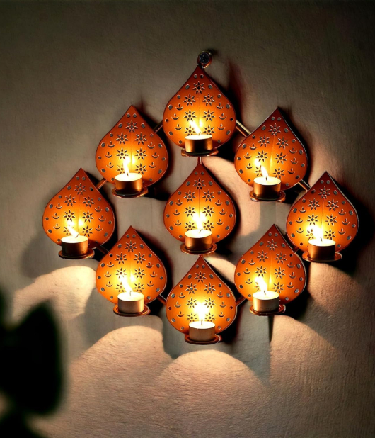 METSY Stylish Metal Cutting Edge Candle Light Holder Leaf in Rectangular Shape | Metal Art | Home Decor Items (Golden Triangular) (Golden Square)