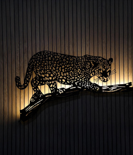 METSY Home Decor Wall Stickers Cheetah Leopard Metal Wall Art | Tiger Shaped Wall Decoration 3D Wall Sculpture for Bedroom black golden with LED (34 cm X 80 cm, Black, golden)