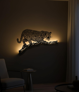 METSY Home Decor Wall Stickers Cheetah Leopard Metal Wall Art | Tiger Shaped Wall Decoration 3D Wall Sculpture for Bedroom black golden with LED (34 cm X 80 cm, Black, golden)