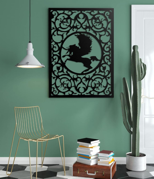METSY Laser Cut Pegasus Wall Art for Living Room, Bed Room, Hallway/Matte Black Powder Coated/(606x436) mm