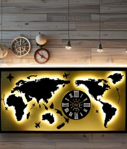 METSYworld map with clock wall hanging metal art black and white for office restaurant World Map Metal Wall Decor Art 3D Home Office Bedroom Living Room Outdoor (Black & White 5X2.5)