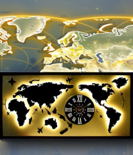 METSYworld map with clock wall hanging metal art black and white for office restaurant World Map Metal Wall Decor Art 3D Home Office Bedroom Living Room Outdoor (Black &amp; White 5X2.5)