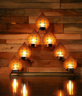 METSY Stylish Metal Cutting Edge Candle Light Holder Leaf in Rectangular Shape | Metal Art | Home Decor Items (Golden Triangular) (Golden Triangular)