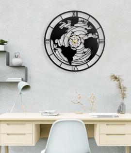 METSY Metal Wall Clock World Map Design | Metal Wall Art Clock Decor for Living Room | Wall Hangings for Home Decoration | Size: 44.5x44.5 cm | Laser Cutting &amp; Black Powder Coated