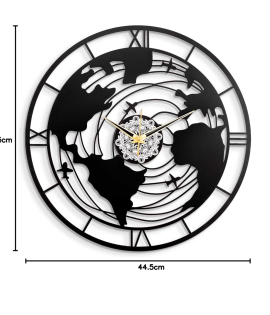 METSY Metal Wall Clock World Map Design | Metal Wall Art Clock Decor for Living Room | Wall Hangings for Home Decoration | Size: 44.5x44.5 cm | Laser Cutting &amp; Black Powder Coated