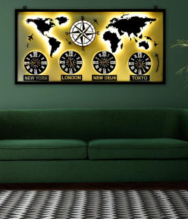 METSY world map with clock wall hanging metal art black and white for office restaurant (76Cm* 153Cm) World Map Metal Wall Decor Art 3D Home Office Bedroom Living Room Outdoor