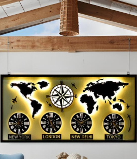 METSY world map with clock wall hanging metal art black and white for office restaurant (76Cm* 153Cm) World Map Metal Wall Decor Art 3D Home Office Bedroom Living Room Outdoor