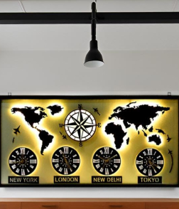 METSY world map with clock wall hanging metal art black and white for office restaurant (76Cm* 153Cm) World Map Metal Wall Decor Art 3D Home Office Bedroom Living Room Outdoor