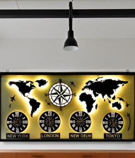 METSY world map with clock wall hanging metal art black and white for office restaurant (76Cm* 153Cm) World Map Metal Wall Decor Art 3D Home Office Bedroom Living Room Outdoor