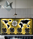 METSY world map with clock wall hanging metal art black and white for office restaurant (76Cm* 153Cm) World Map Metal Wall Decor Art 3D Home Office Bedroom Living Room Outdoor