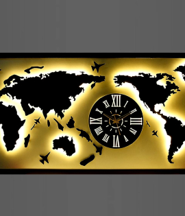 METSYMetal Laser Cut (World Map with Analogue Clock) Wall Hanging World map Attached Analogue Clock with LED Strip Lighting (Black &amp; White_4*2)