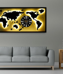 METSYMetal Laser Cut (World Map with Analogue Clock) Wall Hanging World map Attached Analogue Clock with LED Strip Lighting (Black &amp; White_4*2)