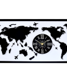 METSYMetal Laser Cut (World Map with Analogue Clock) Wall Hanging World map Attached Analogue Clock with LED Strip Lighting (Black & White_4*2)
