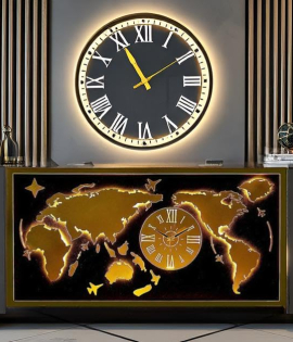 METSYMetal Laser Cut (World Map with Analogue Clock) Wall Hanging Golden World map with clock (Black &amp; Golden) (Black &amp; golden 5 * 2.5) world map for home decor