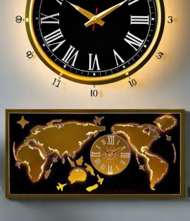 METSYMetal Laser Cut (World Map with Analogue Clock) Wall Hanging Golden World map with clock (Black &amp; Golden) (Black &amp; golden 5 * 2.5) world map for home decor