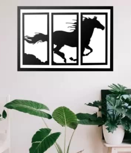 METSY wall decor item Digitally print Running Horse framed 3D -6.5 mm (24 inch X 48 inch, Black, White)