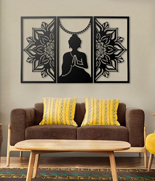 METSY Home Decor Buddha Mandala Metal Art | Wall Hanging Wall Arts for Home | Buddha Frames for Wall Modern Art | (Set of 3) | (102x64cm) | Made of Metal(1.2mm) | Scratch & Rust Resistant
