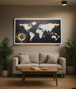 METSY Luxury LED World Map Lasercut Wall Art with Compass Design – Modern Metal Wall Decor for Living Room &amp; Office(92x49) CM