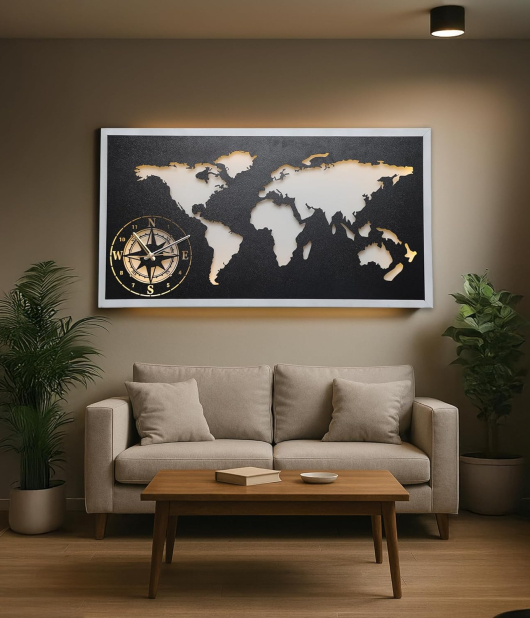 METSY Luxury LED World Map Lasercut Wall Art with Compass Design – Modern Metal Wall Decor for Living Room & Office(92x49) CM