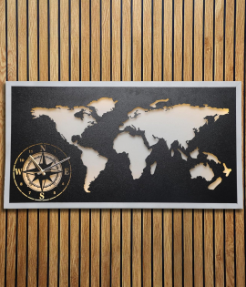 METSY Luxury LED World Map Lasercut Wall Art with Compass Design – Modern Metal Wall Decor for Living Room &amp; Office(92x49) CM