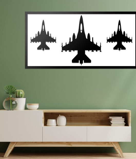 METSYMETSY Metal Laser Cut Wall Hanging with LED Strip Lighting(Bomb White Shade)(4x2) feet (Fighter Jet)