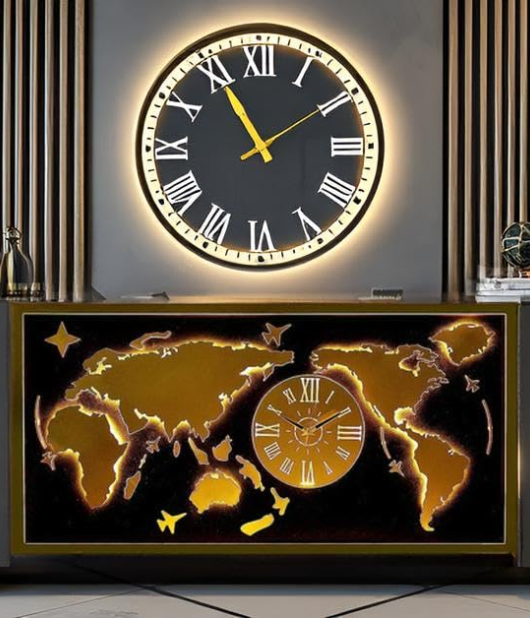 METSYMetal wall hanging World Map with Clock Wall Hanging World map with led clock (Black & Gold_4*2)