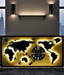 METSYworld map with clock wall hanging metal art black and white for office restaurant World Map Metal Wall Decor Art 3D Home Office Bedroom Living Room Outdoor (Black &amp; White 5X2.5)