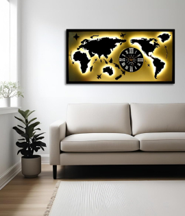 METSYMetal Laser Cut (World Map with Analogue Clock) Wall Hanging World map Attached Analogue Clock with LED Strip Lighting (Black &amp; White_4*2)