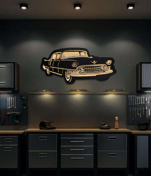 METSY ClassicCar Metal Art backlit Mildsteel | Car Lover Gifts | Metal Car Wall Decor | Metal Wall Art | Wall Hangings for Home Decoration. (Black & Gold (92x44) cm