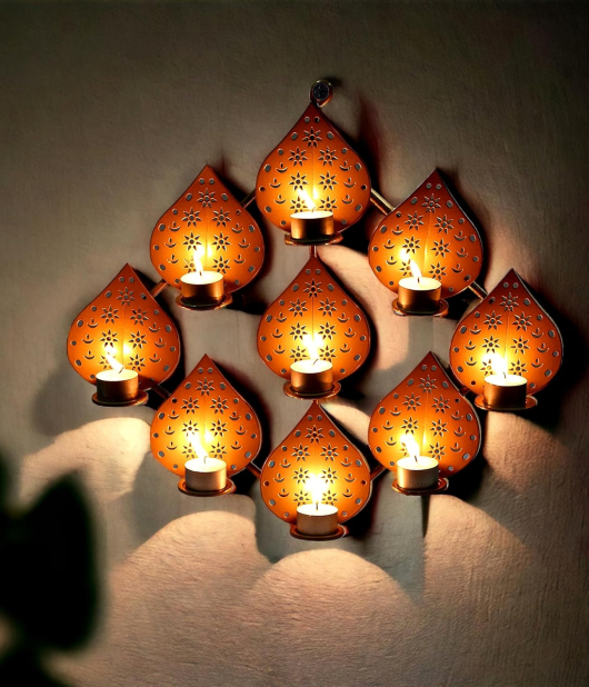 METSY Stylish Metal Cutting Edge Candle Light Holder Leaf in Rectangular Shape | Metal Art | Home Decor Items (Golden Square)